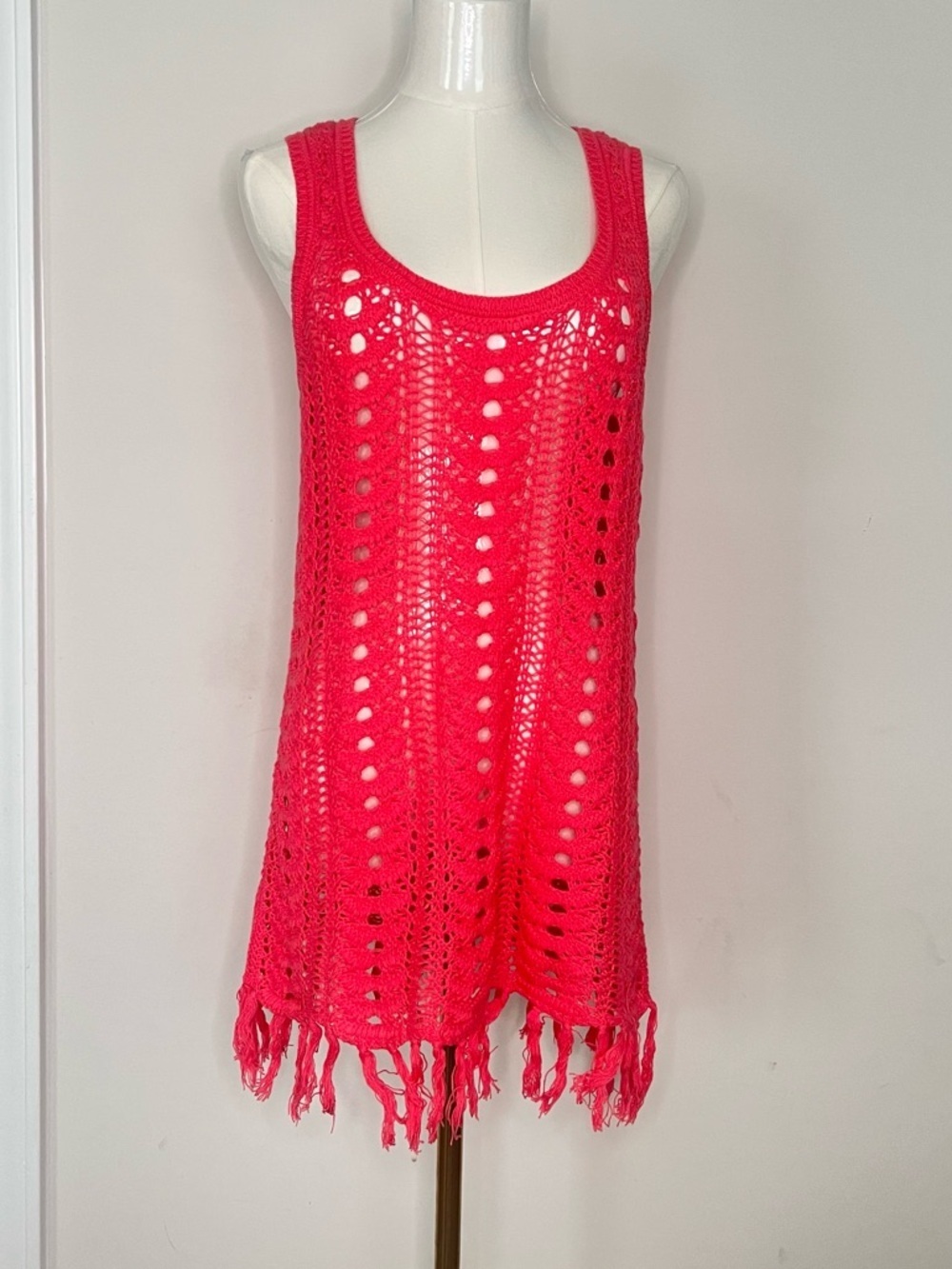 Women’s Hot Pink Crochet Fringe Tank Cover-Up New Direction Sz M Beach Cruise